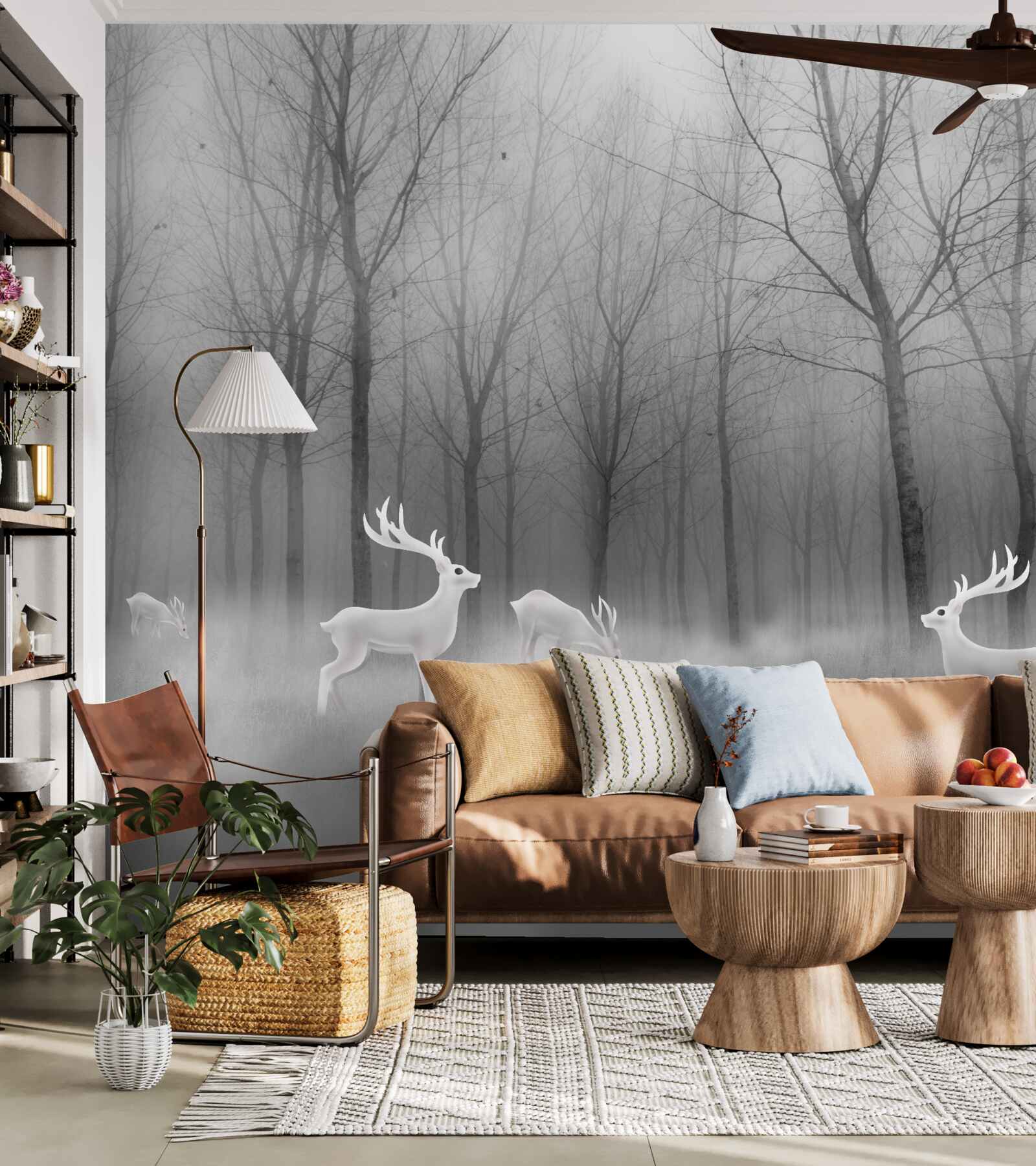 Papier peint un groupe de cerfs se promène dans une forêt brumeuse