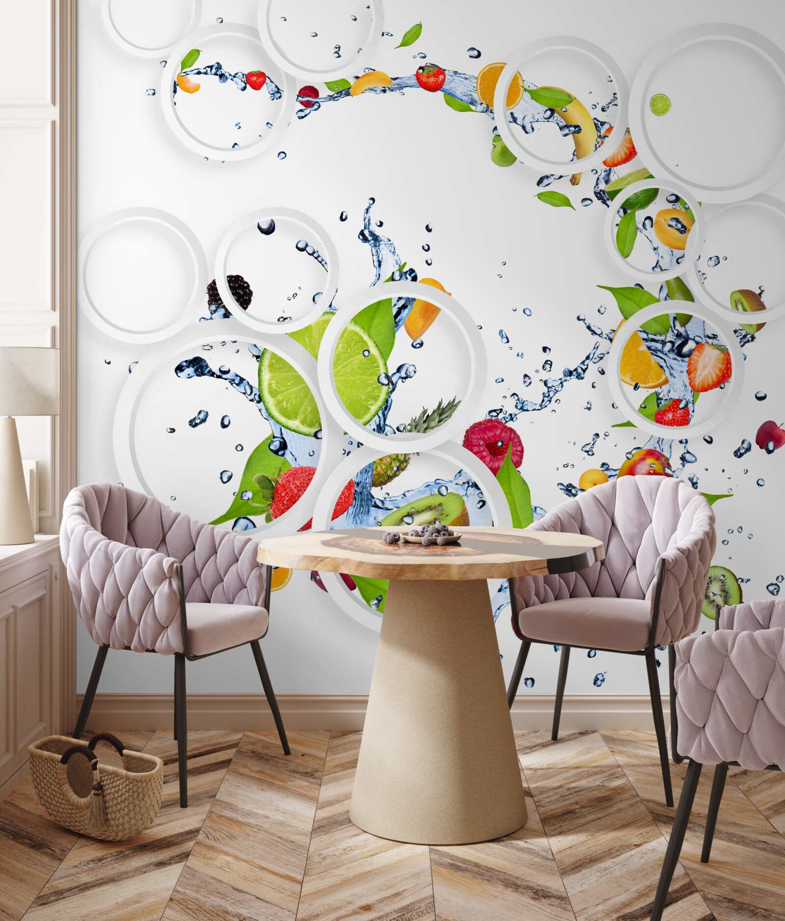 Papier peint rondeur fruitée et blanche