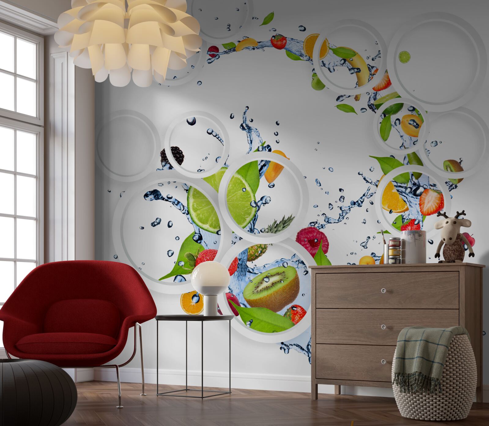 Papier peint rondeur fruitée et blanche