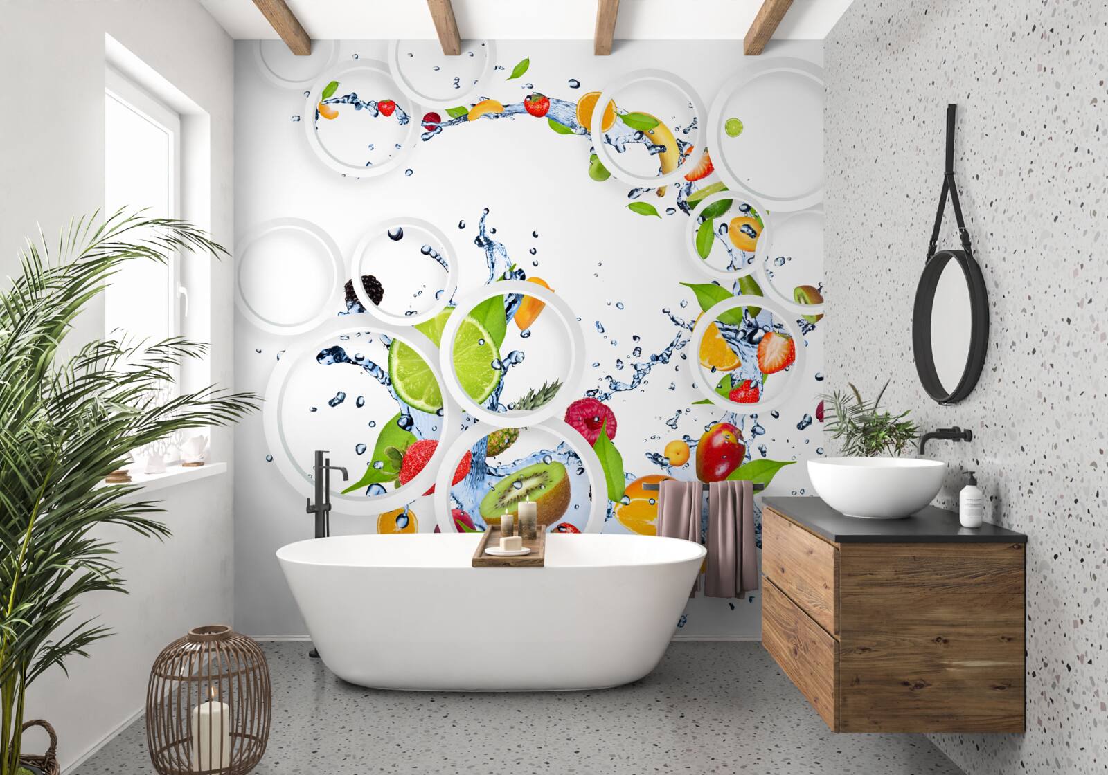 Papier peint rondeur fruitée et blanche