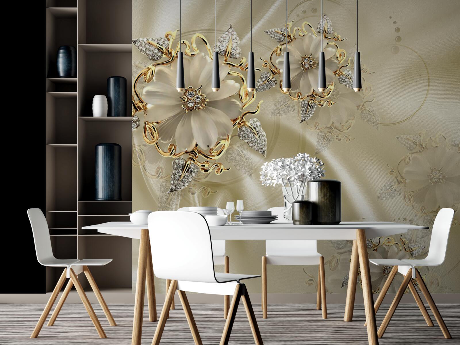 Papier peint bouton de manchette en forme de fleur avec pétales sur tissu de soie beige