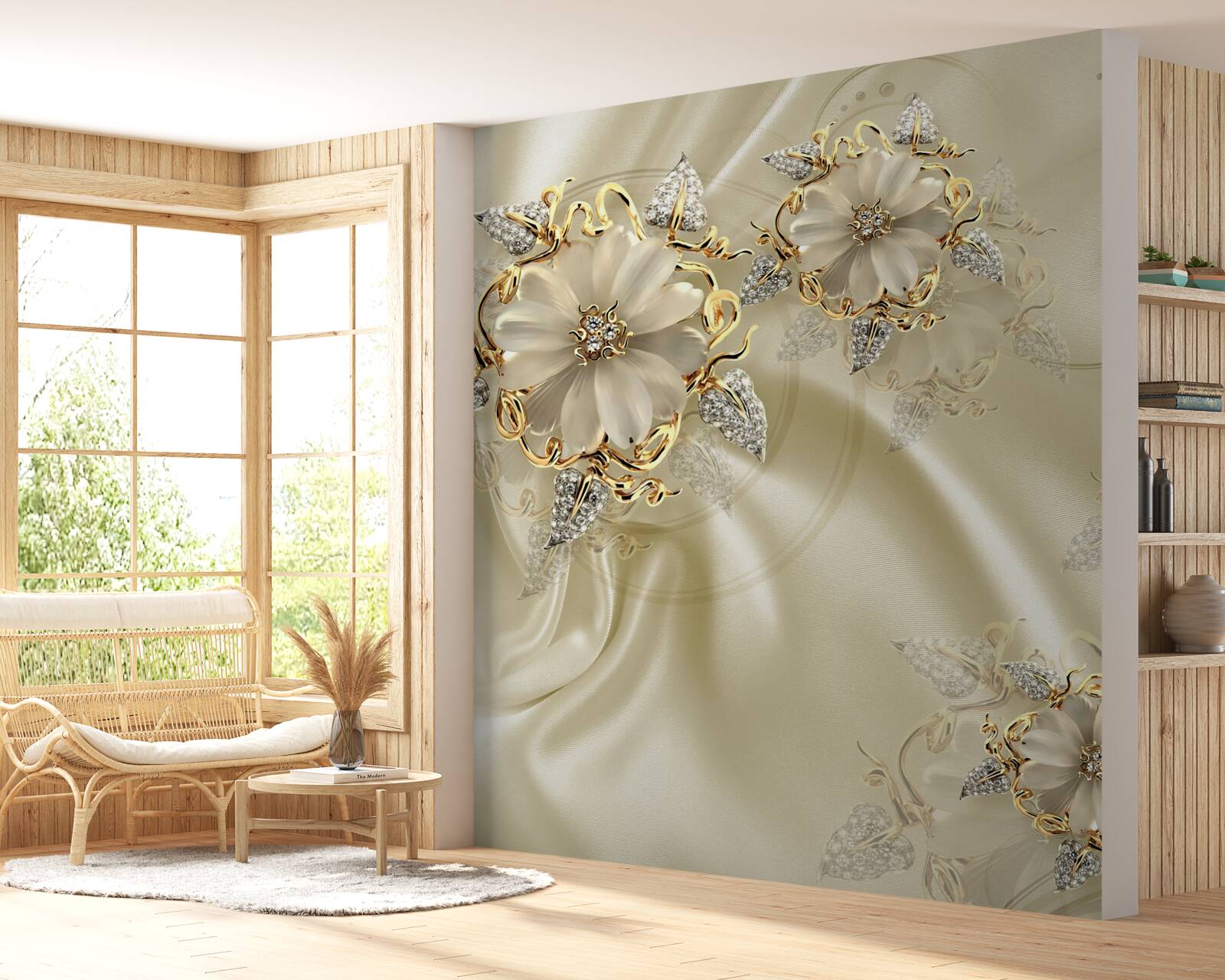 Papier peint bouton de manchette en forme de fleur avec pétales sur tissu de soie beige