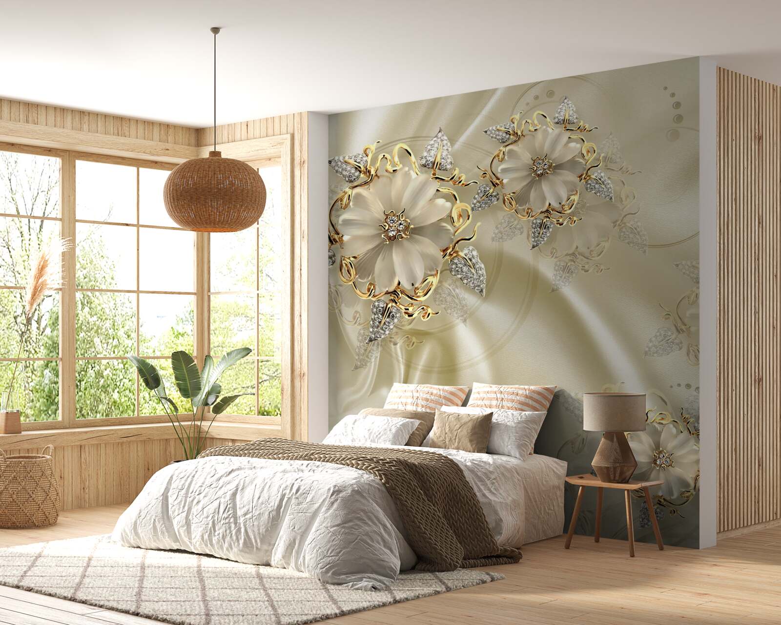 Papier peint bouton de manchette en forme de fleur avec pétales sur tissu de soie beige