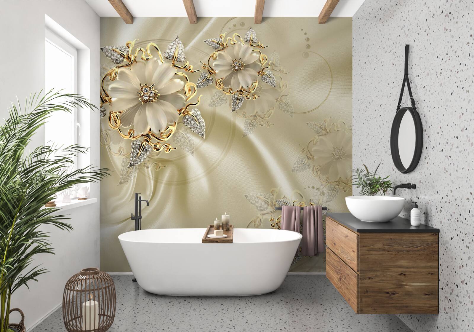 Papier peint bouton de manchette en forme de fleur avec pétales sur tissu de soie beige