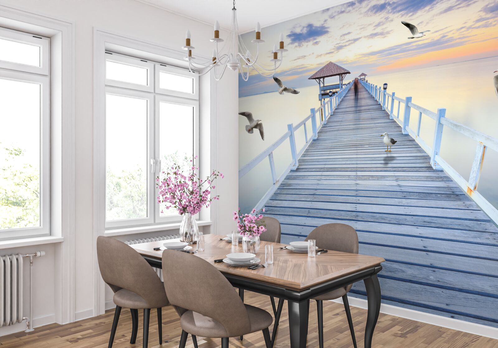 Papier peint pont en bois menant à l'océan
