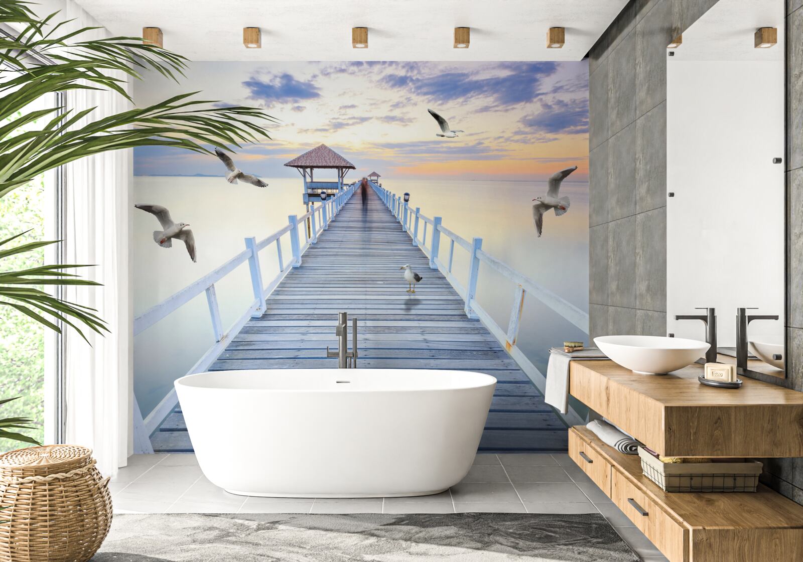 Papier peint pont en bois menant à l'océan