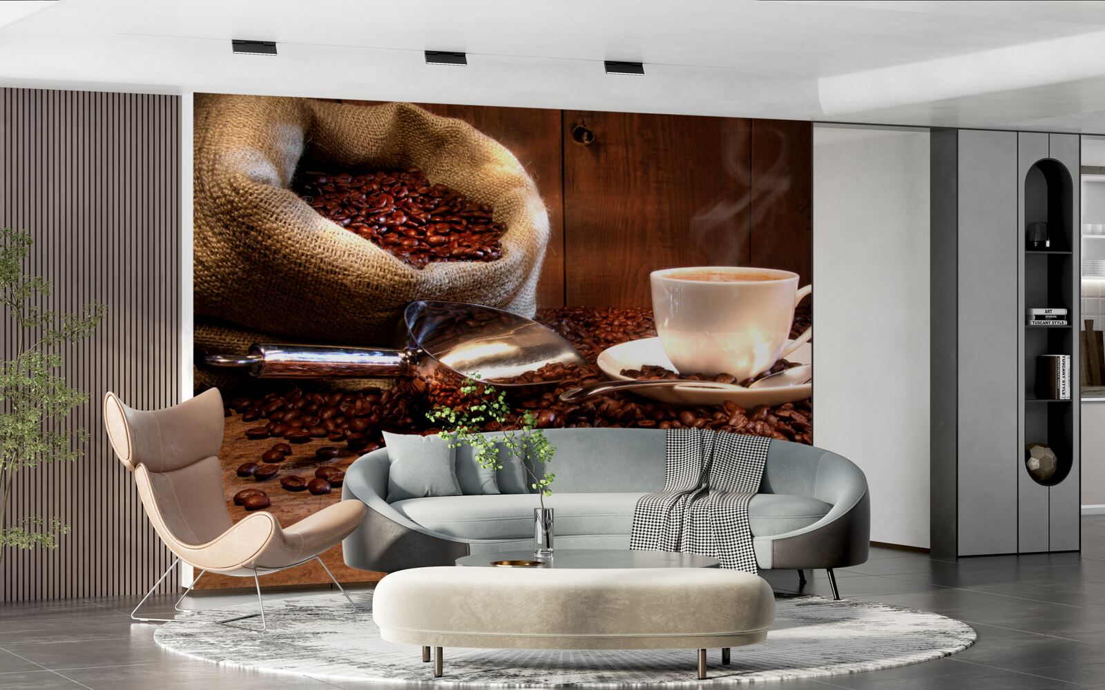 Papier peint grains de café sous une tasse de café aromatique