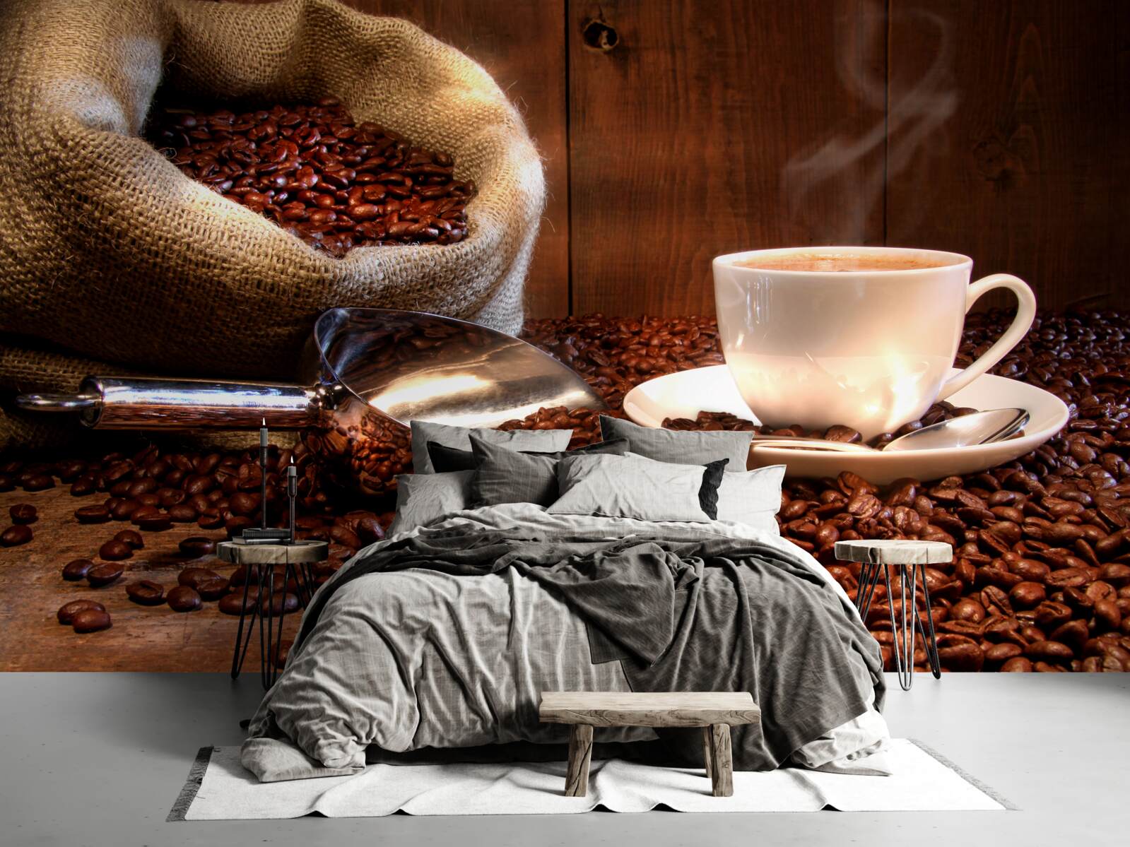 Papier peint grains de café sous une tasse de café aromatique