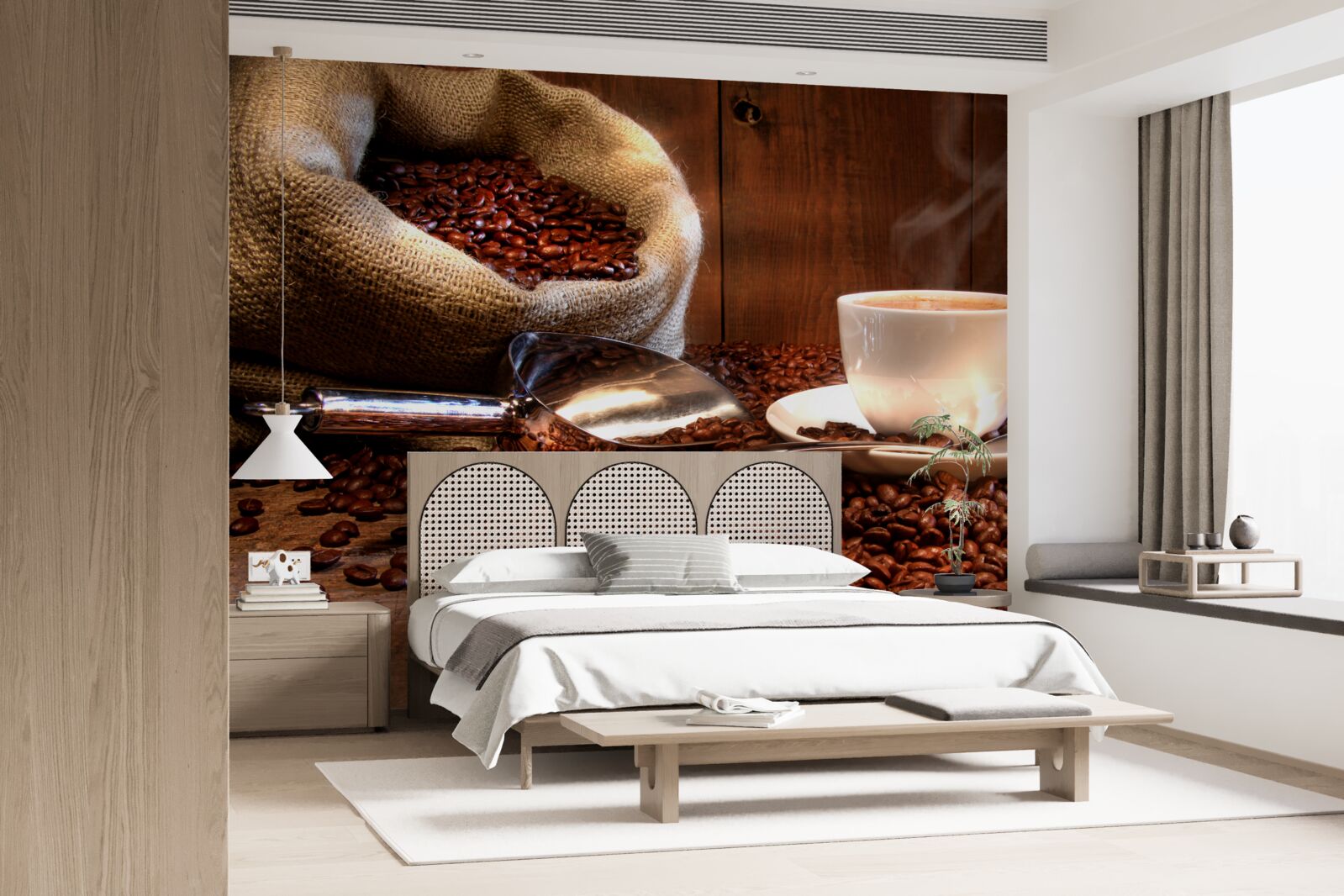 Papier peint grains de café sous une tasse de café aromatique