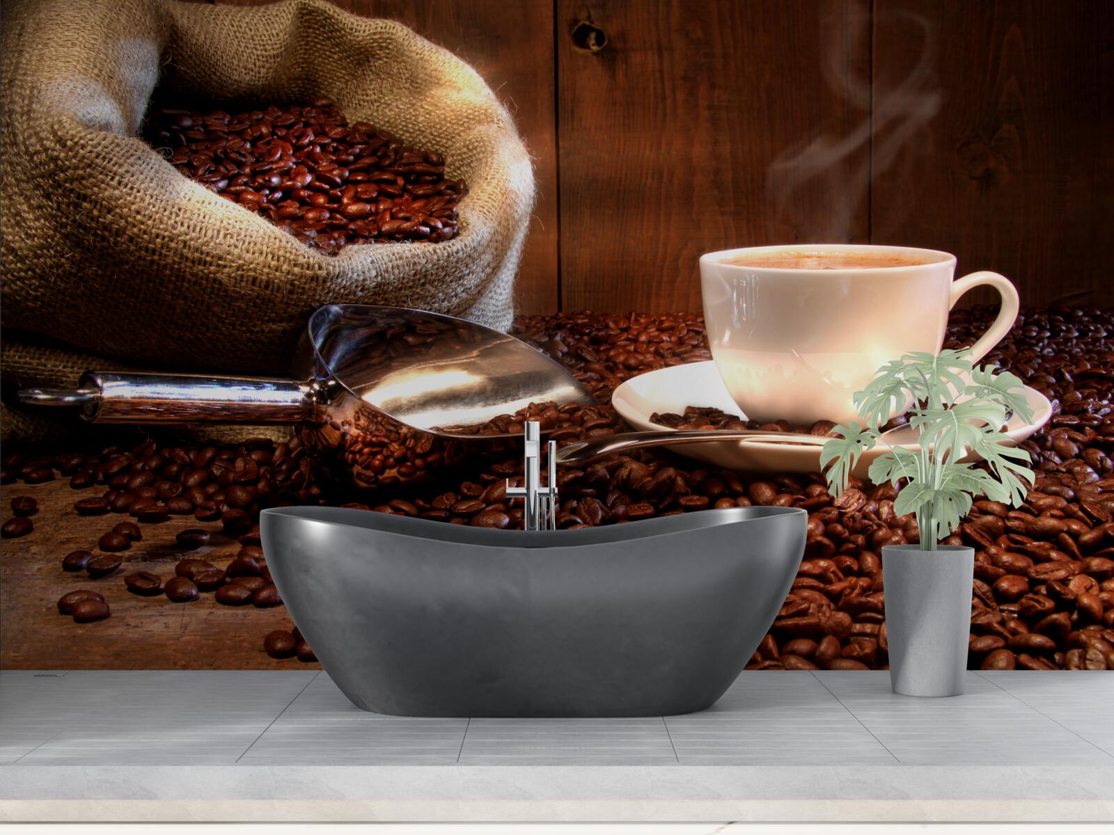 Papier peint grains de café sous une tasse de café aromatique