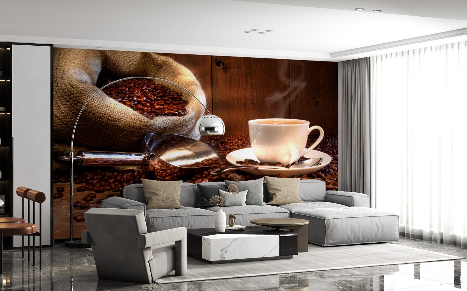 Papier peint grains de café sous une tasse de café aromatique