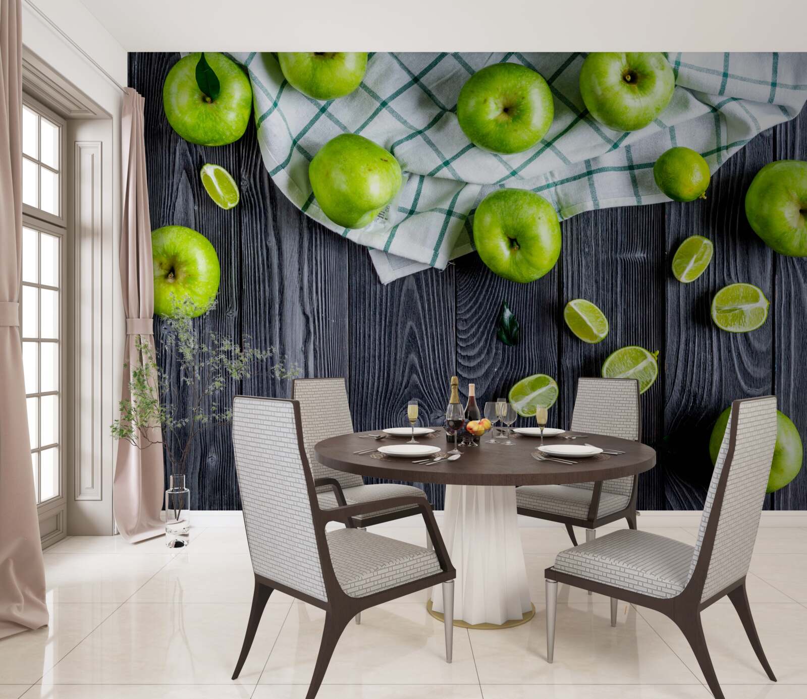 Papier peint des citrons verts et des pommes vertes sont sur la table