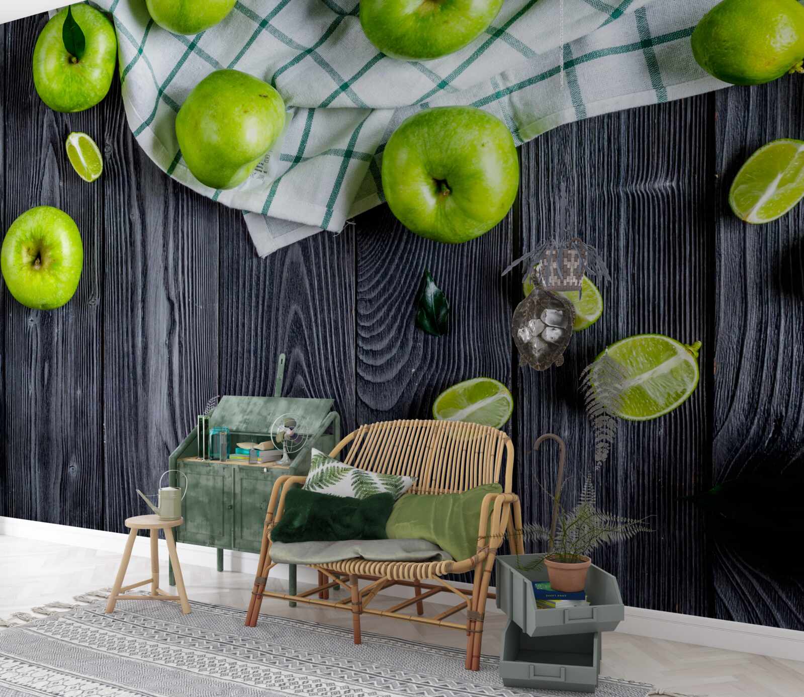 Papier peint des citrons verts et des pommes vertes sont sur la table