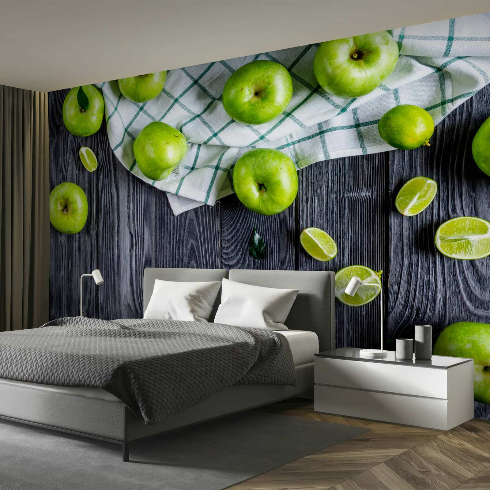 Papier peint des citrons verts et des pommes vertes sont sur la table