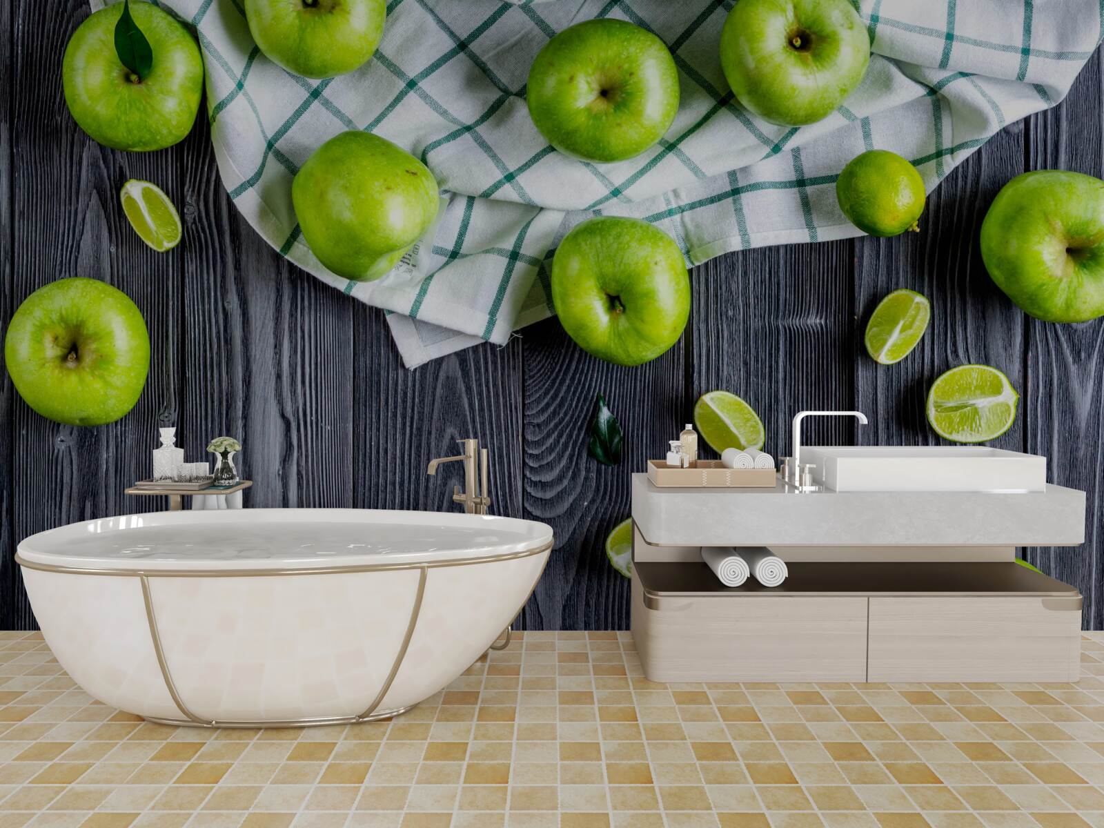 Papier peint des citrons verts et des pommes vertes sont sur la table