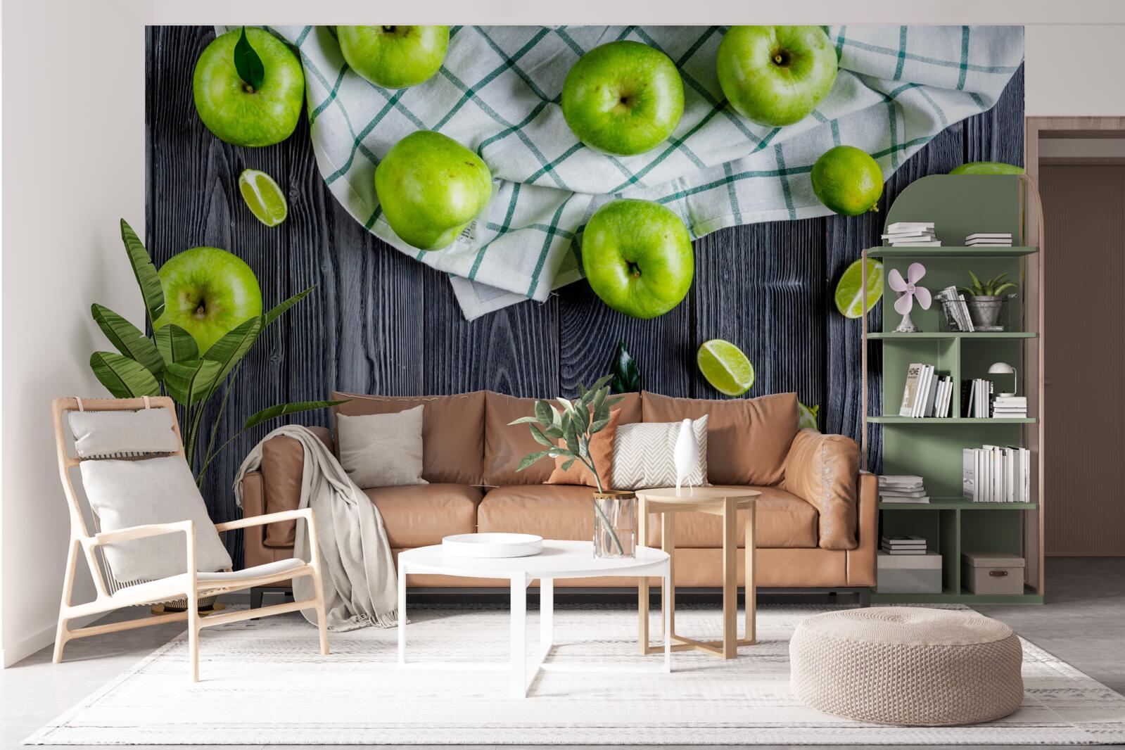 Papier peint des citrons verts et des pommes vertes sont sur la table