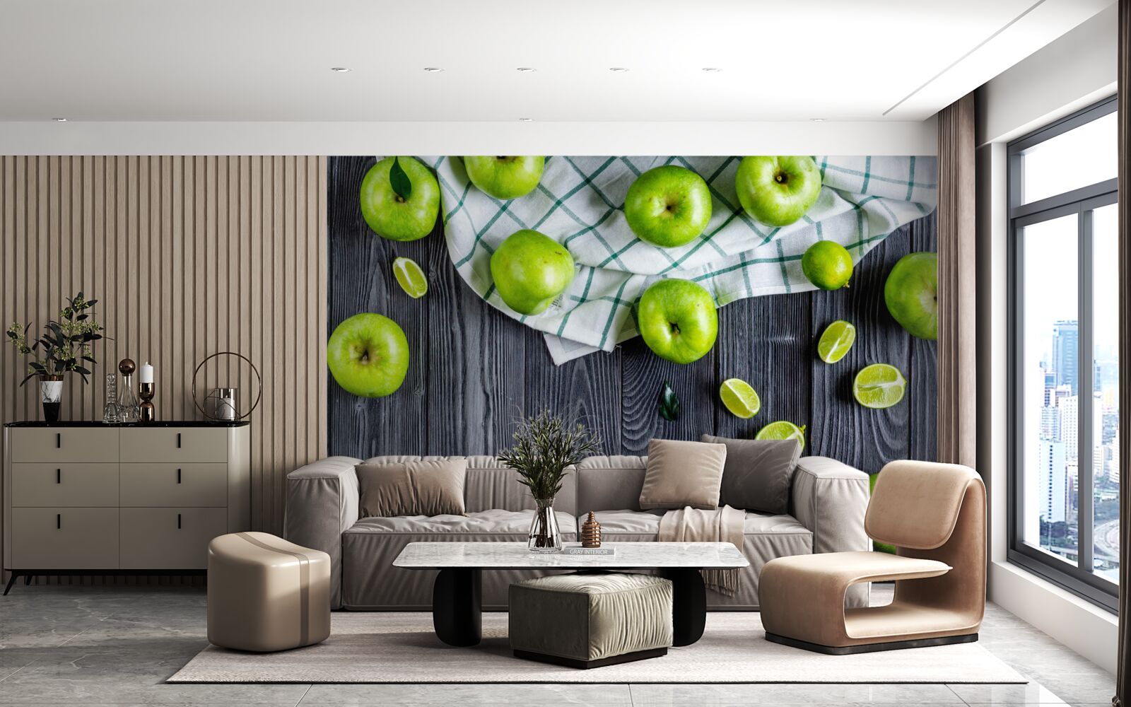 Papier peint des citrons verts et des pommes vertes sont sur la table