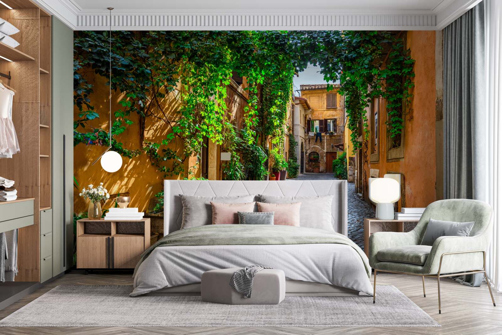 Papier peint La cour italienne, entourée de verdure, est remplie de confort.