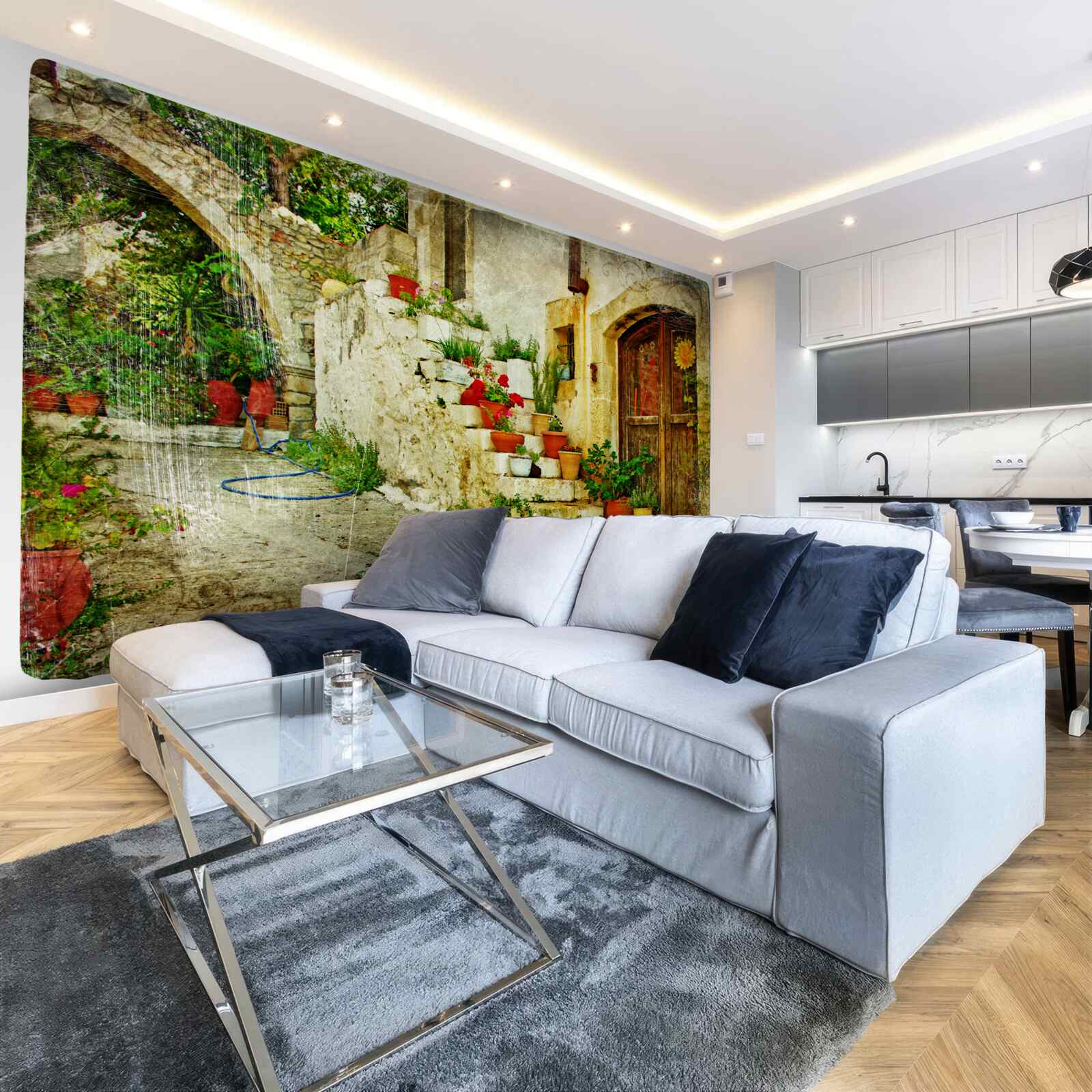 Papier peint pots de fleurs sur les marches en pierre