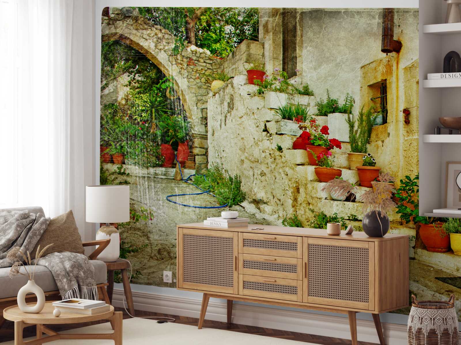 Papier peint pots de fleurs sur les marches en pierre