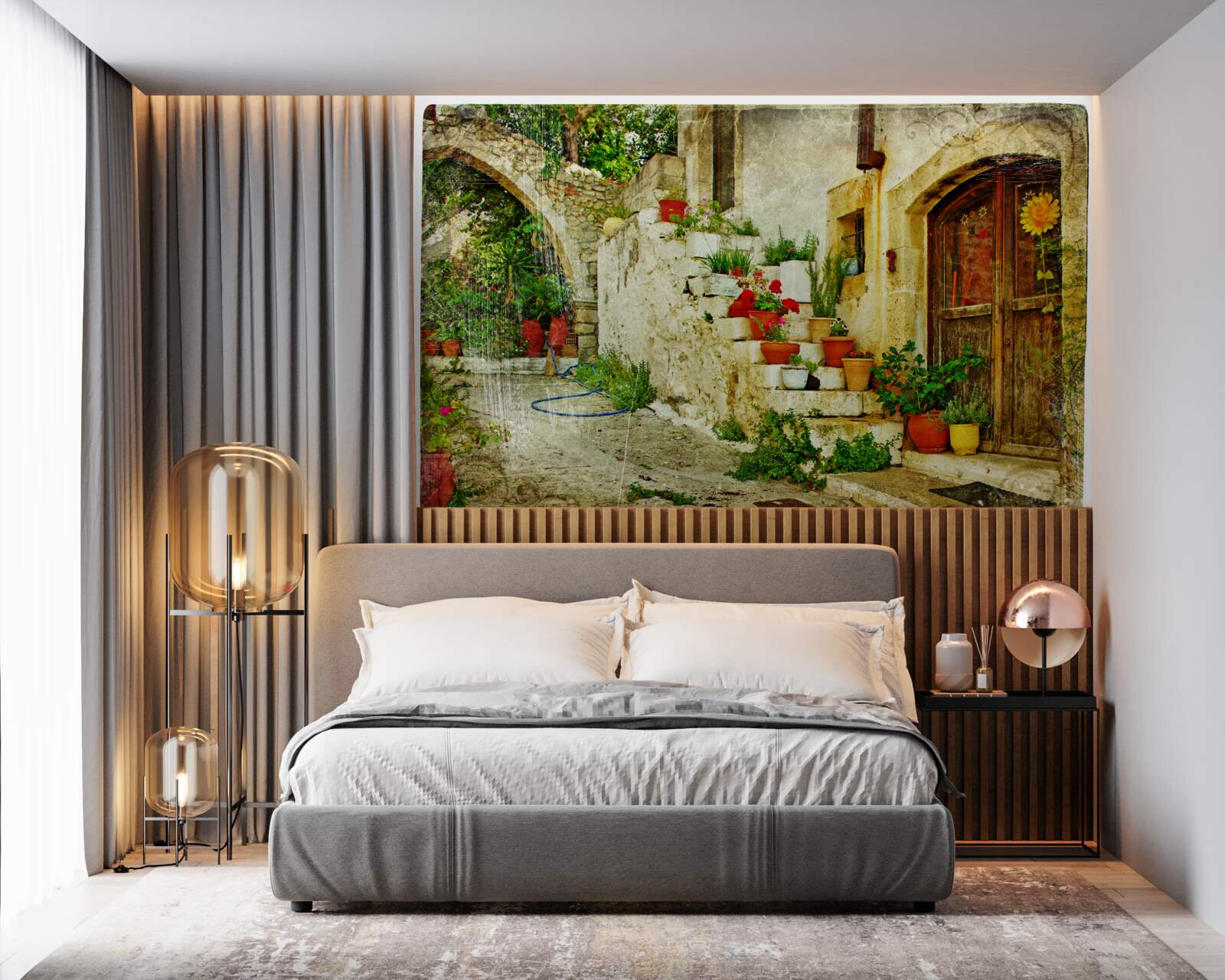 Papier peint pots de fleurs sur les marches en pierre