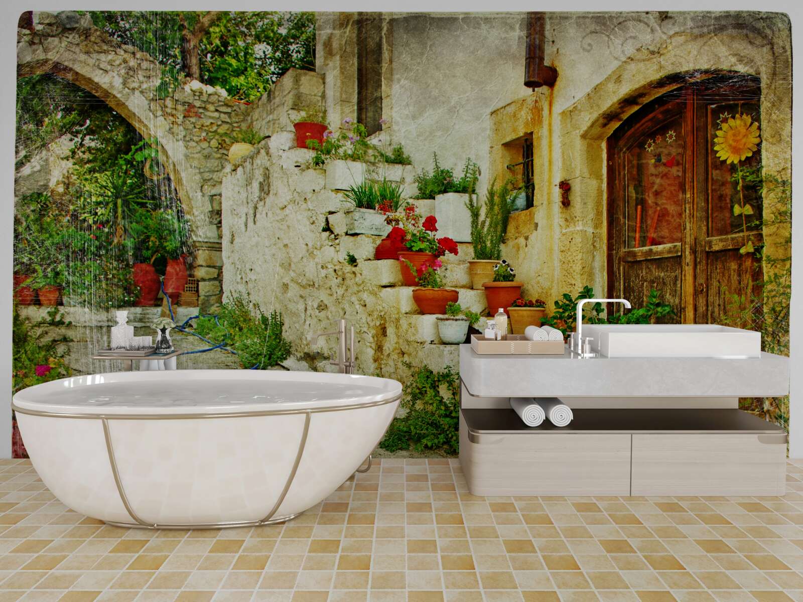 Papier peint pots de fleurs sur les marches en pierre