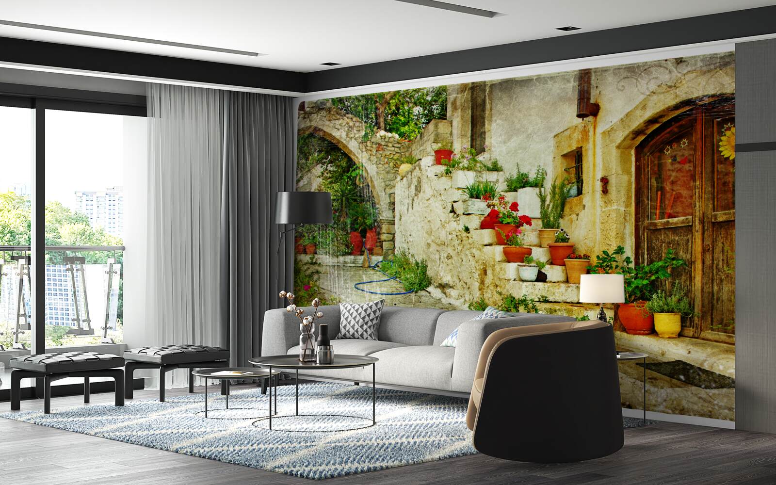 Papier peint pots de fleurs sur les marches en pierre