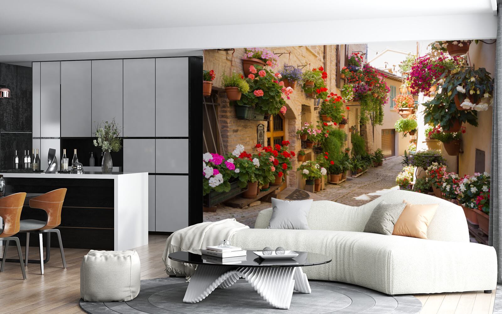 Papier peint fleurs naturelles dans une rue historique