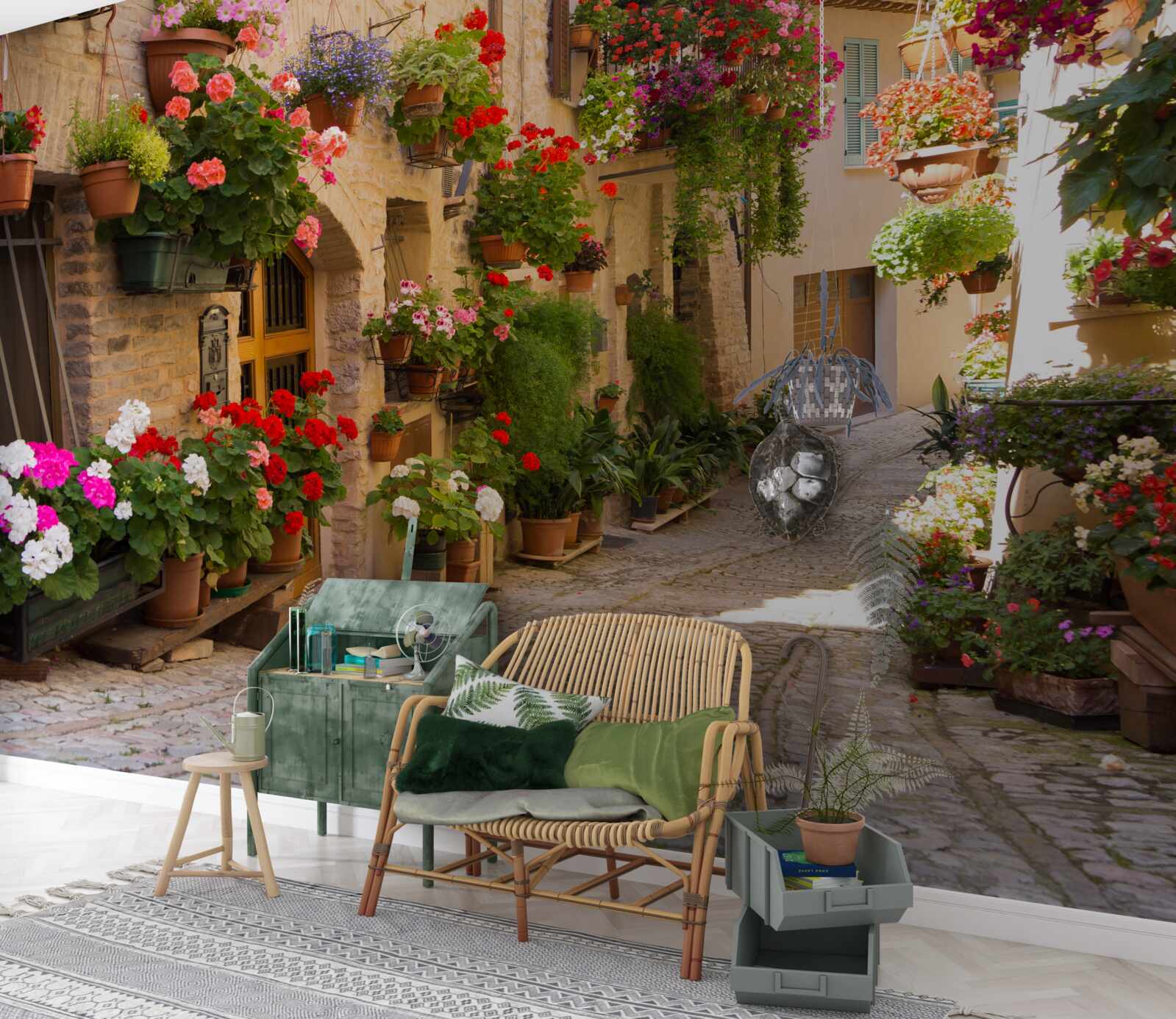 Papier peint fleurs naturelles dans une rue historique