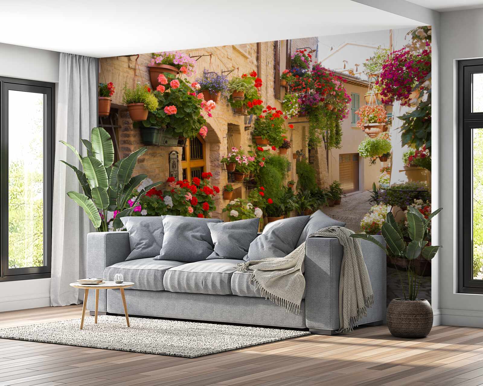 Papier peint fleurs naturelles dans une rue historique