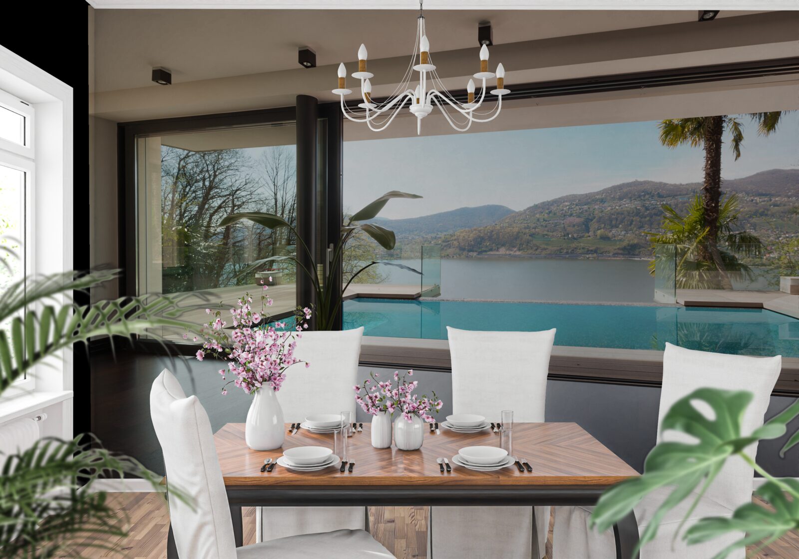 Papier peint piscine exclusive avec vue panoramique sur la chaîne de montagnes