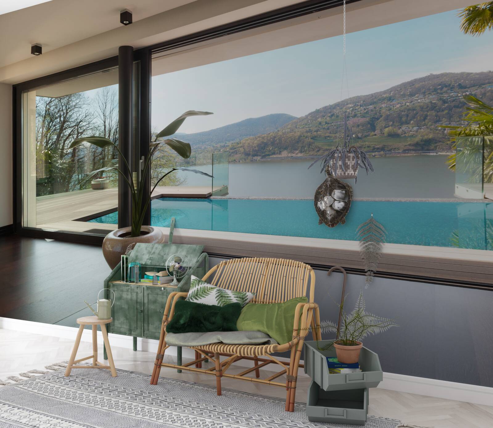 Papier peint piscine exclusive avec vue panoramique sur la chaîne de montagnes