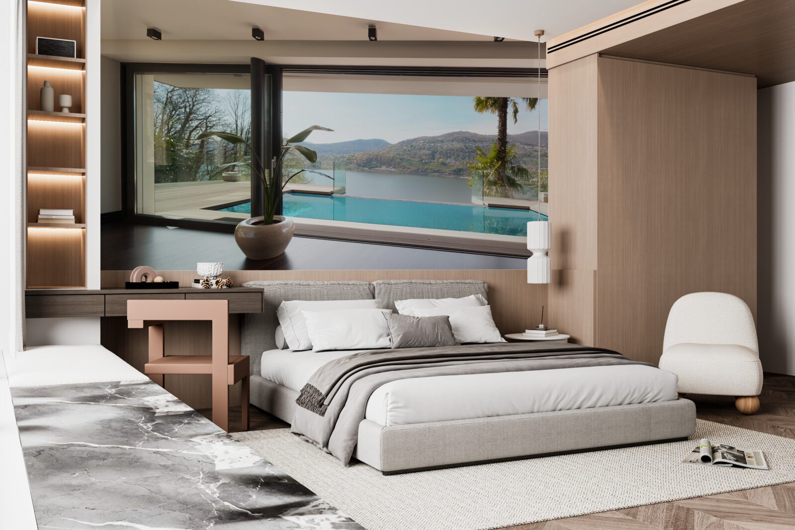 Papier peint piscine exclusive avec vue panoramique sur la chaîne de montagnes