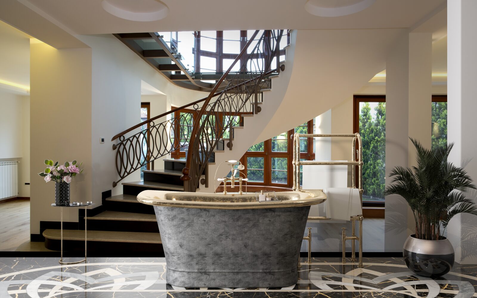 Papier peint hall d'entrée avec escalier formel