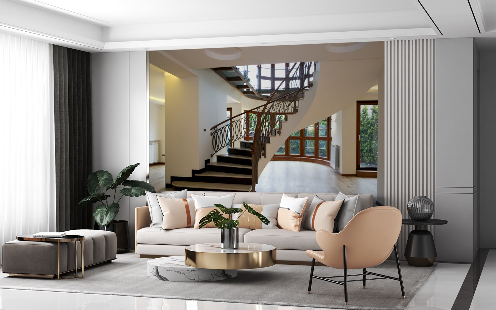 Papier peint hall d'entrée avec escalier formel