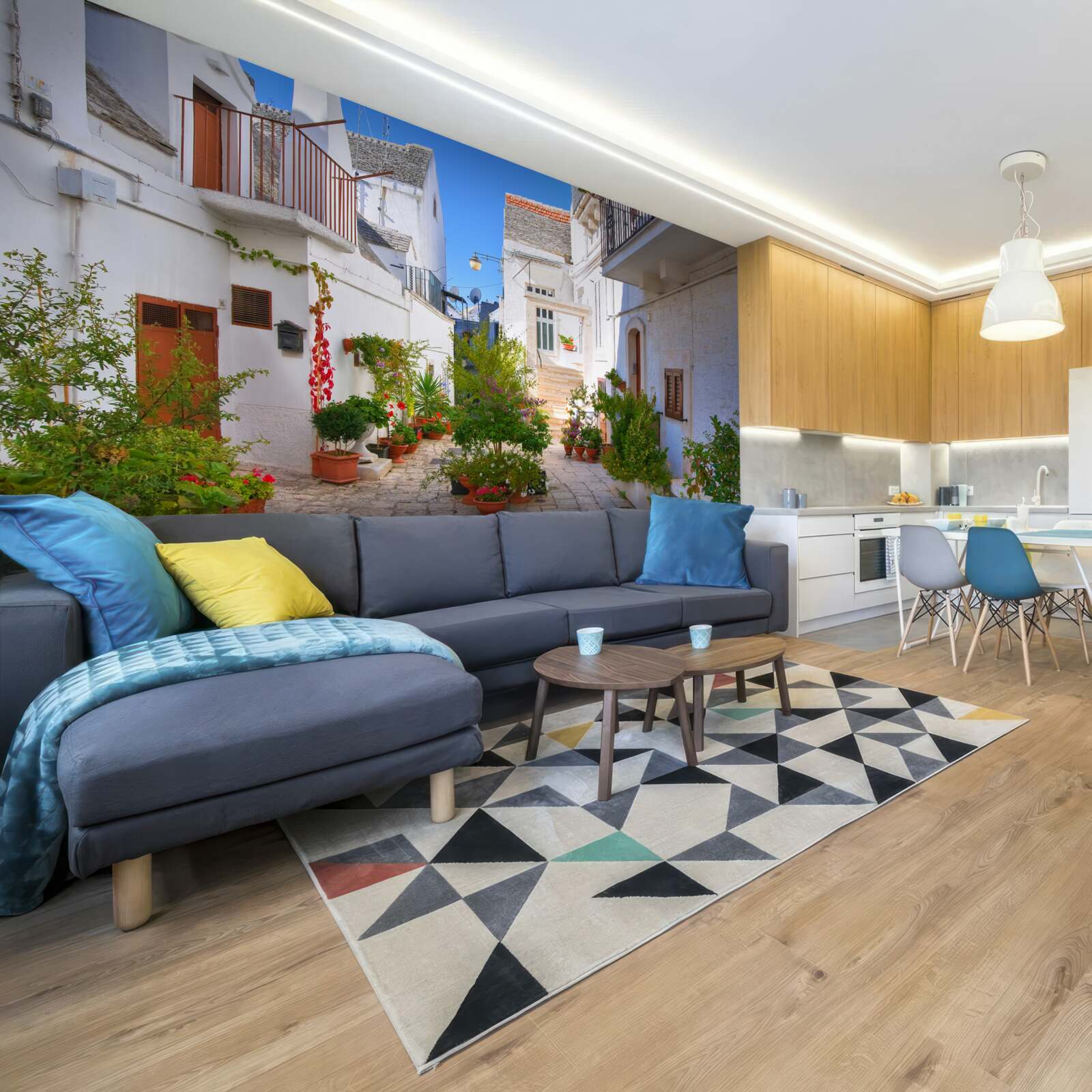 Papier peint rue de santorini, immergée dans la verdure