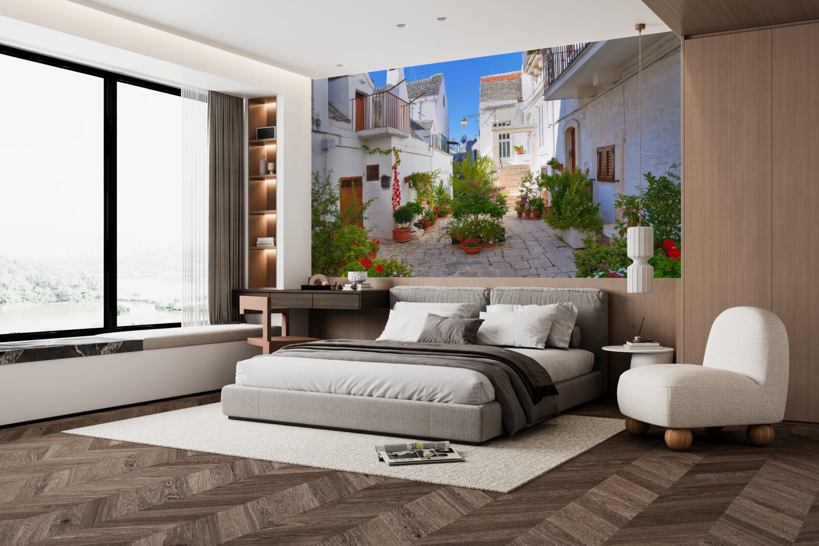 Papier peint rue de santorini, immergée dans la verdure