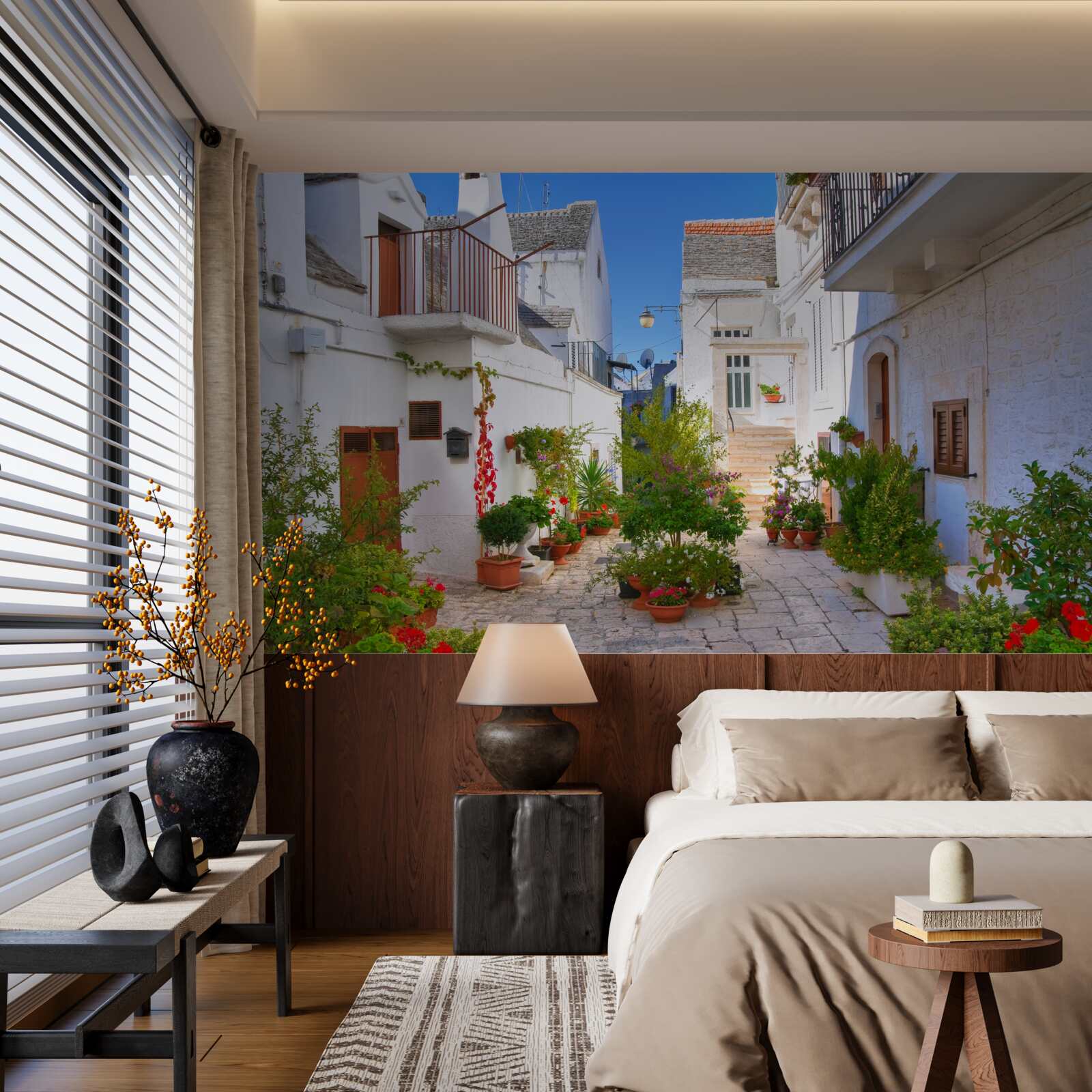 Papier peint rue de santorini, immergée dans la verdure