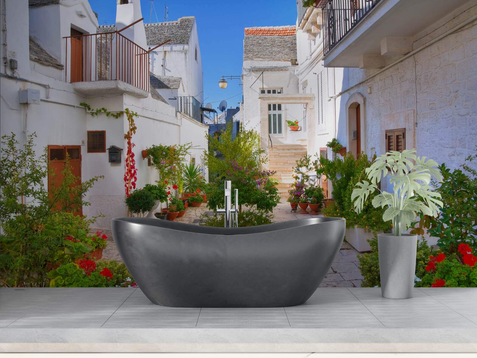 Papier peint rue de santorini, immergée dans la verdure