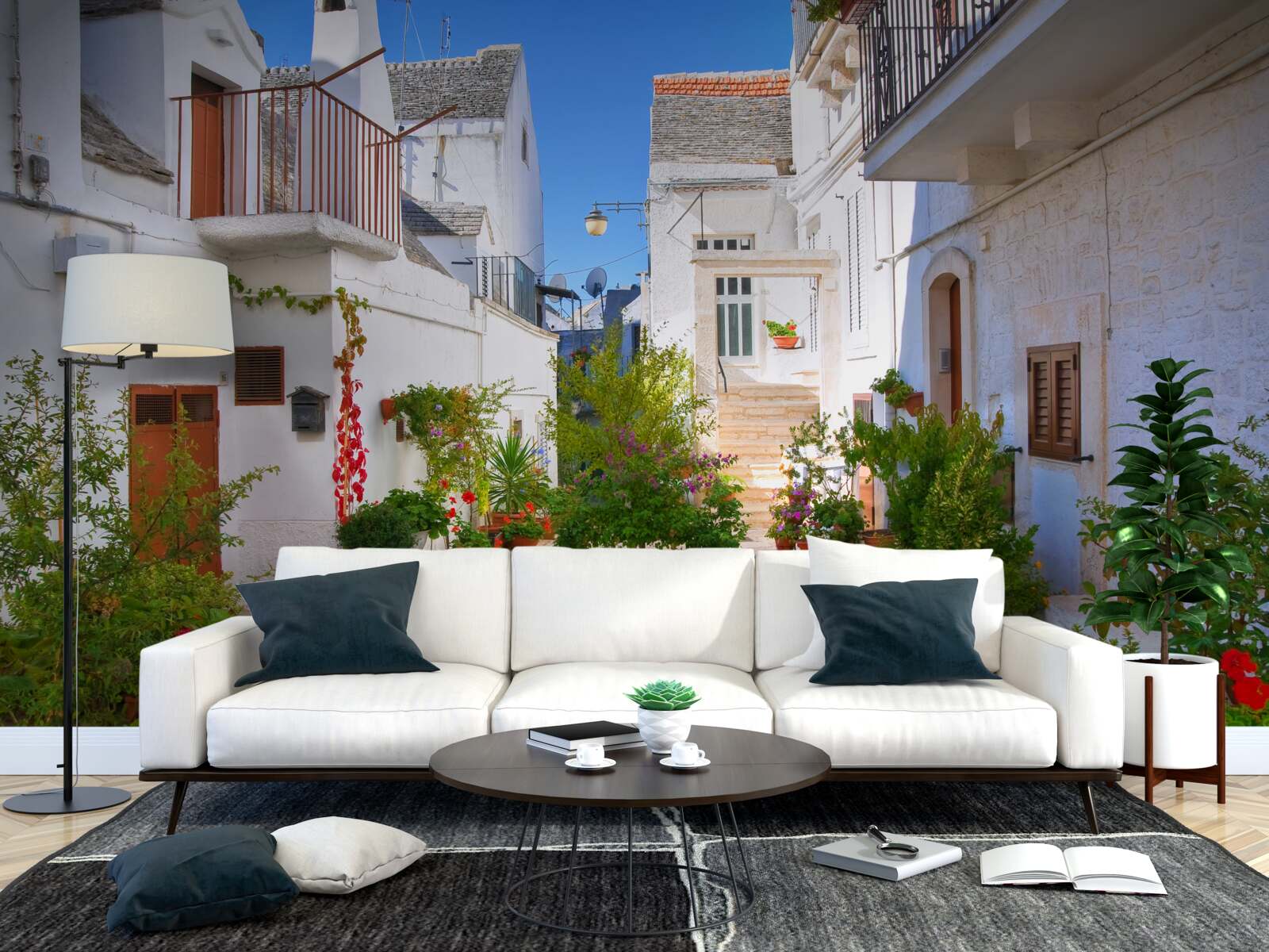 Papier peint rue de santorini, immergée dans la verdure