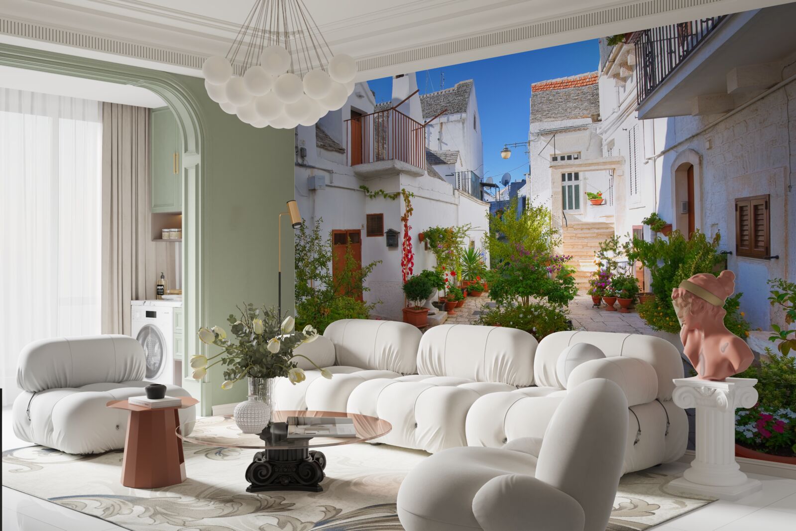 Papier peint rue de santorini, immergée dans la verdure