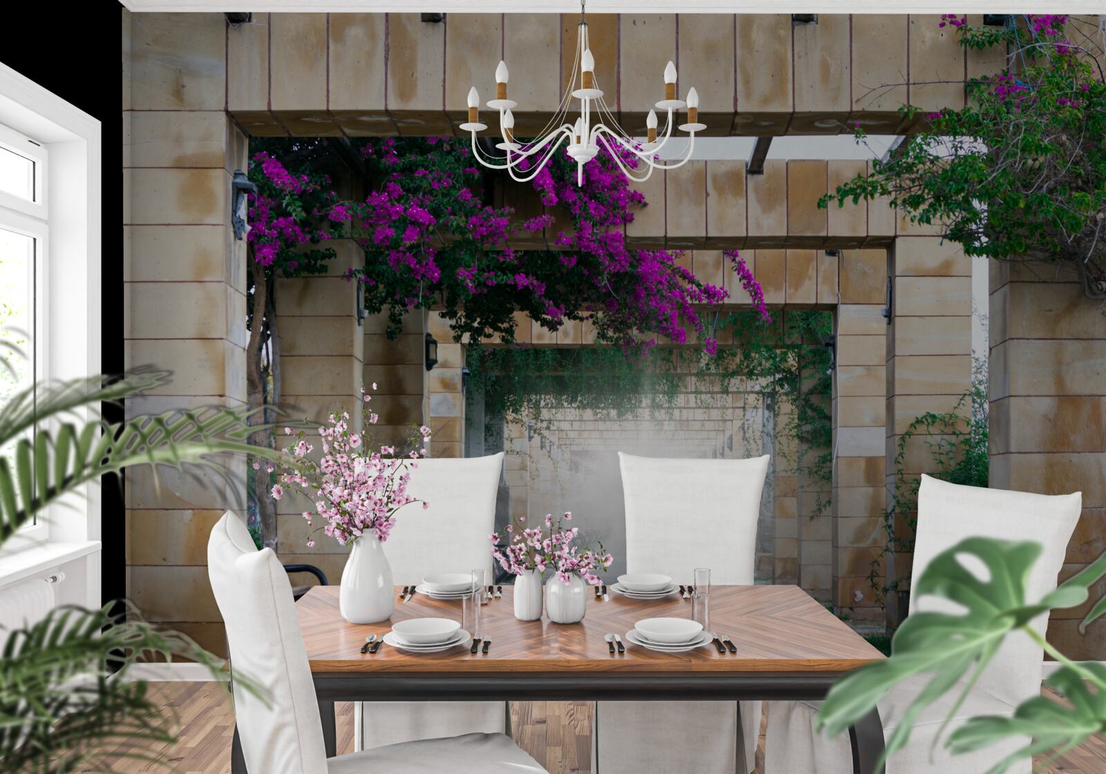 Papier peint arc rectangulaire en pierre, décoré de fleurs