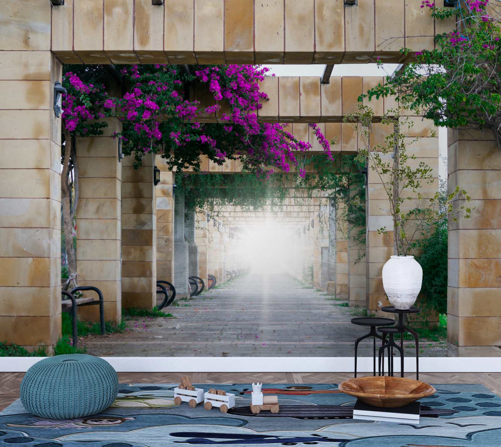 Papier peint arc rectangulaire en pierre, décoré de fleurs