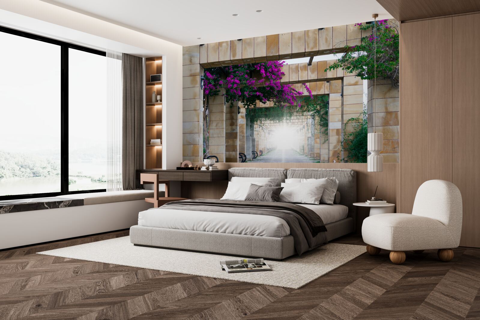 Papier peint arc rectangulaire en pierre, décoré de fleurs