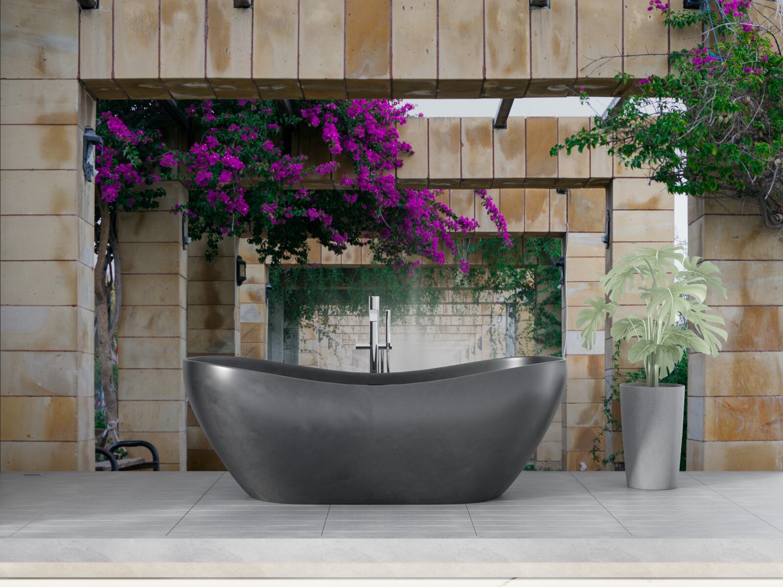 Papier peint arc rectangulaire en pierre, décoré de fleurs