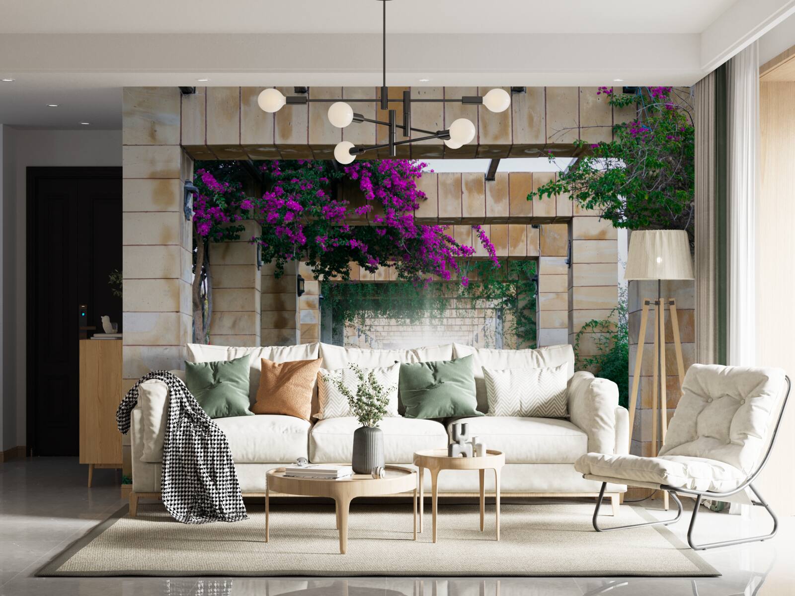 Papier peint arc rectangulaire en pierre, décoré de fleurs