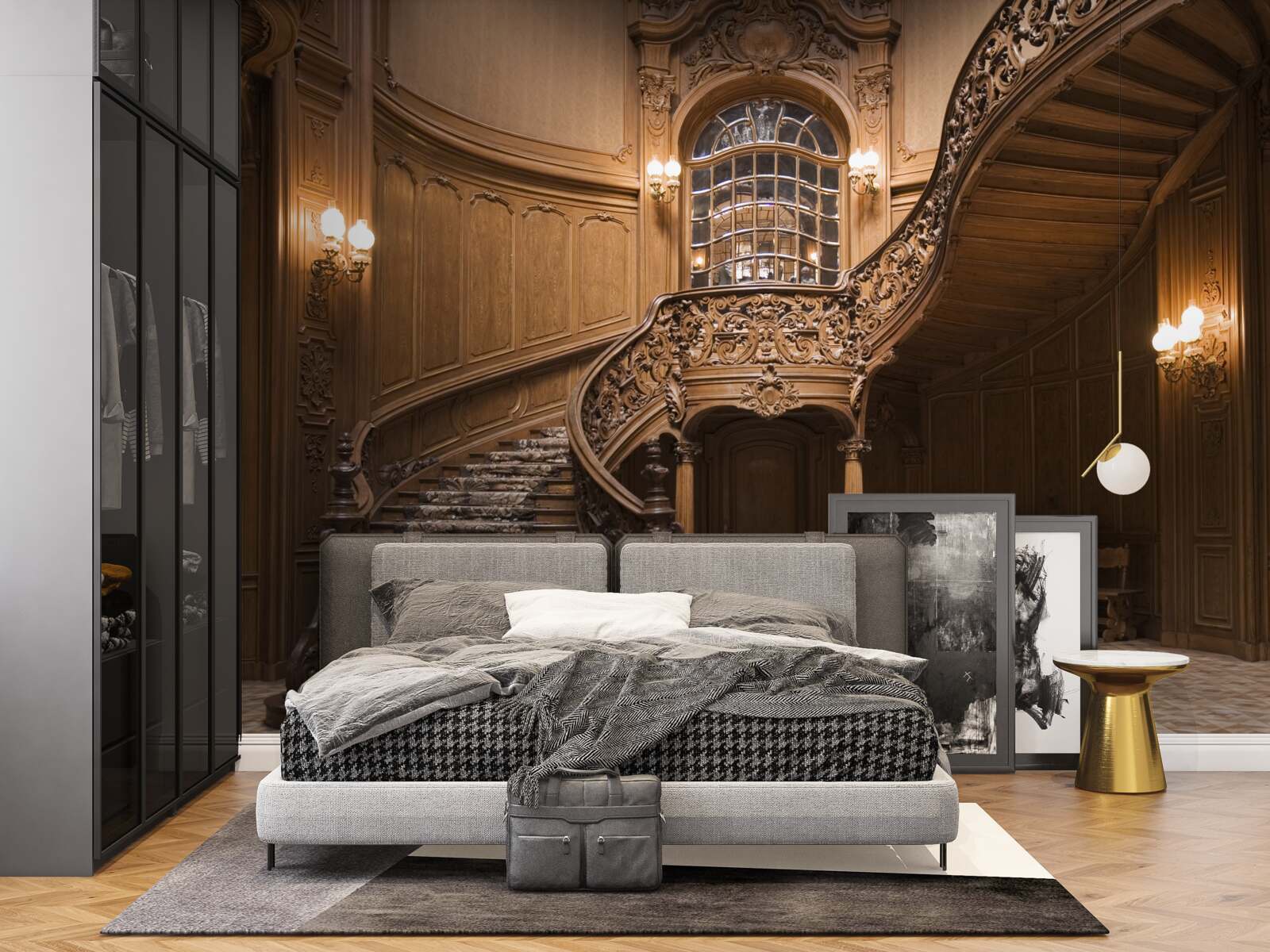 Papier peint escalier en bois dans le dortoir