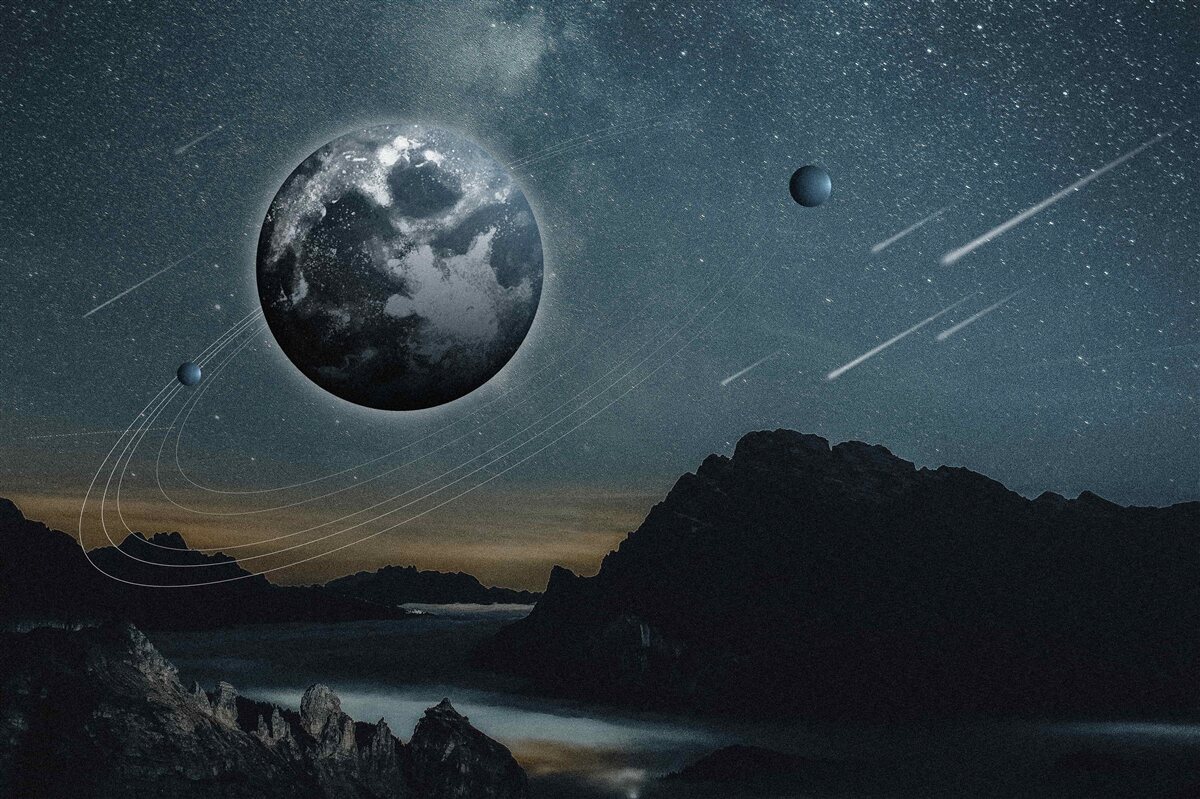 Papier peint pluie de météorites et satellite terrestre