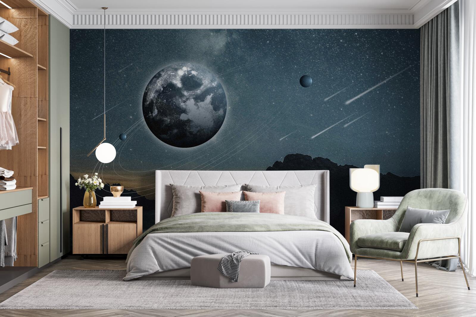 Papier peint pluie de météorites et satellite terrestre