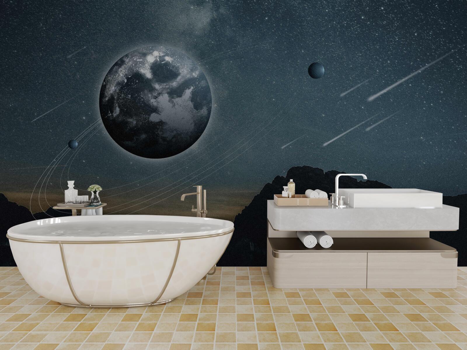 Papier peint pluie de météorites et satellite terrestre